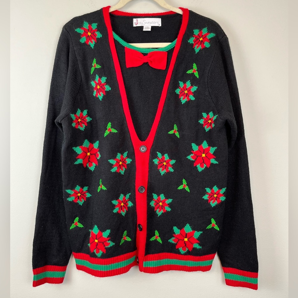 Jolly Sweaters Black Holiday Ugly Christmas Poinsettia Unisex Sweater Large
